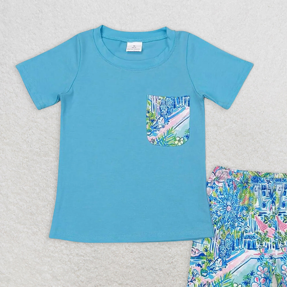 BSSO0840 RTS NO MOQ Baby Boys Summer Boys Outfits Baby Boys Blue Top Floral Shorts Set