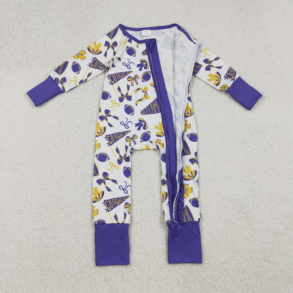 9.29 RTS NO MOQ (In stock)LR2513 Baby Girls Winter Rompers Baby Girls Team Purple Bows Footballs Ruffle Zipper Footie Rompers