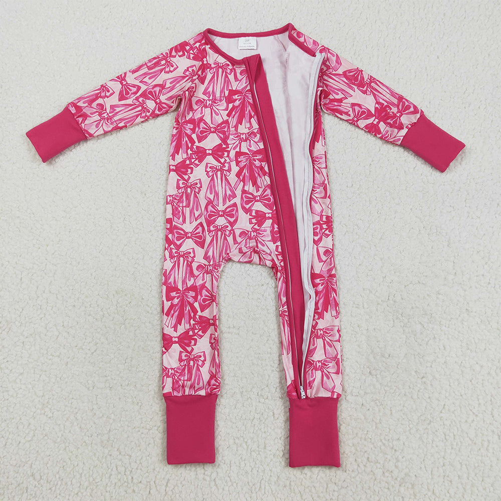 8.20 RTS NO MOQ (In stock)LR2365 Baby Girls Winter Rompers Baby Girls Long Sleeves Pink Bows Zipper Footie Rompers