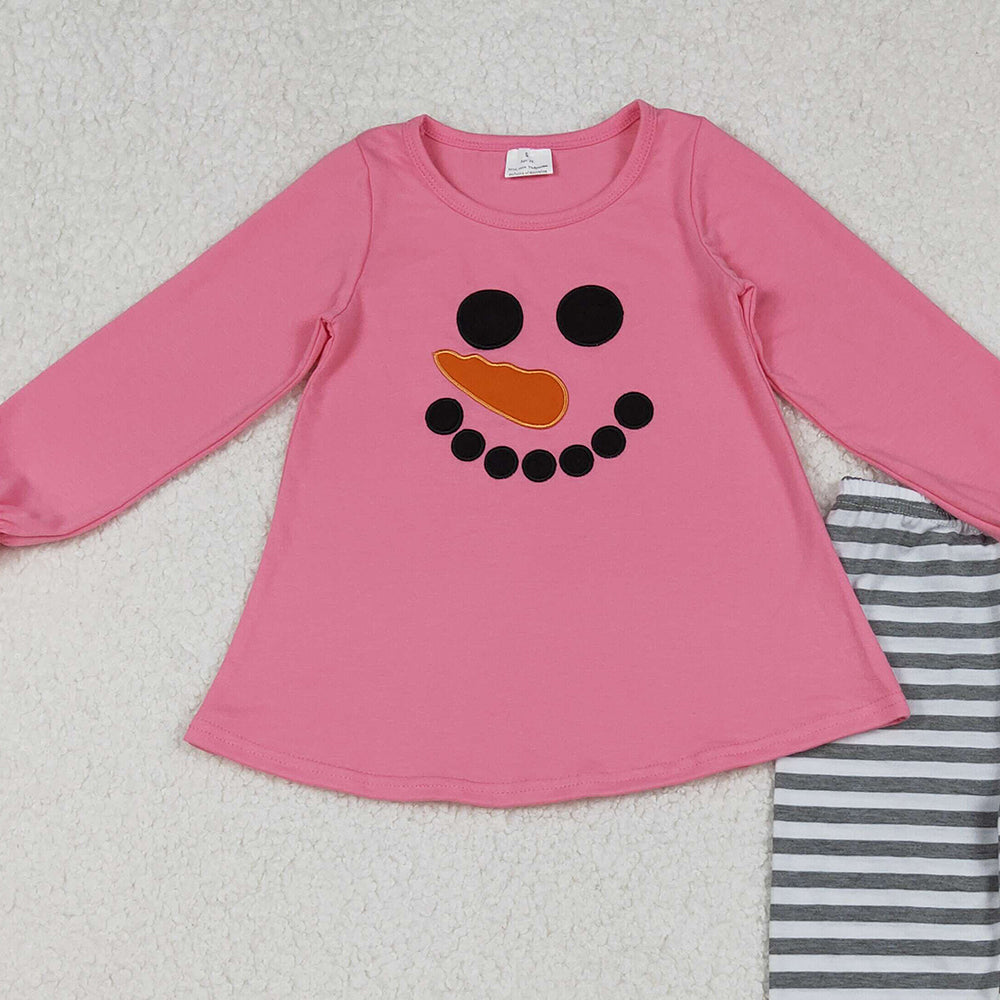 10.10 RTS NO MOQ (In stock)GLP2728 Baby Girls Winter Outfits Embroidery Snowmen Baby Girls Tunic Stripe Leggings Pant Christmas Set