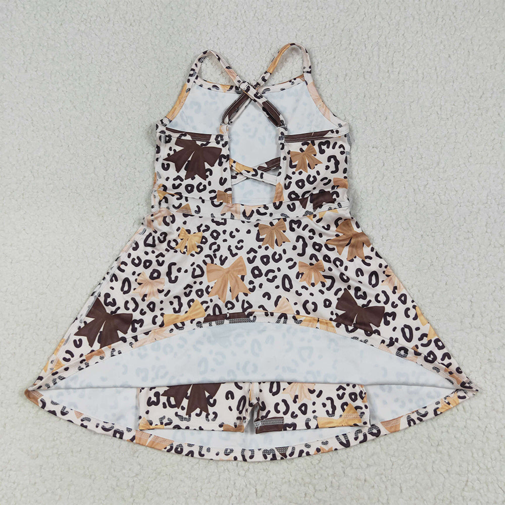 RTS NO MOQ (In stock)GSD2649 Baby Girls Summer Yoga Dress Baby Girls Strap Olive Bows Leopard Shorts Knee Length Dresses