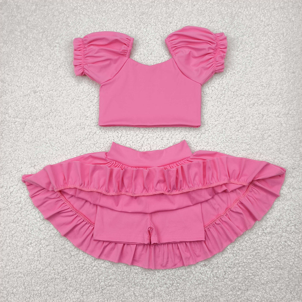 7.19 GSD2102 RTS NO MOQ Baby Girls Yoga Outfits Baby Girls Pink Yoga Shirt Skirt Active Wear Clothes Sets