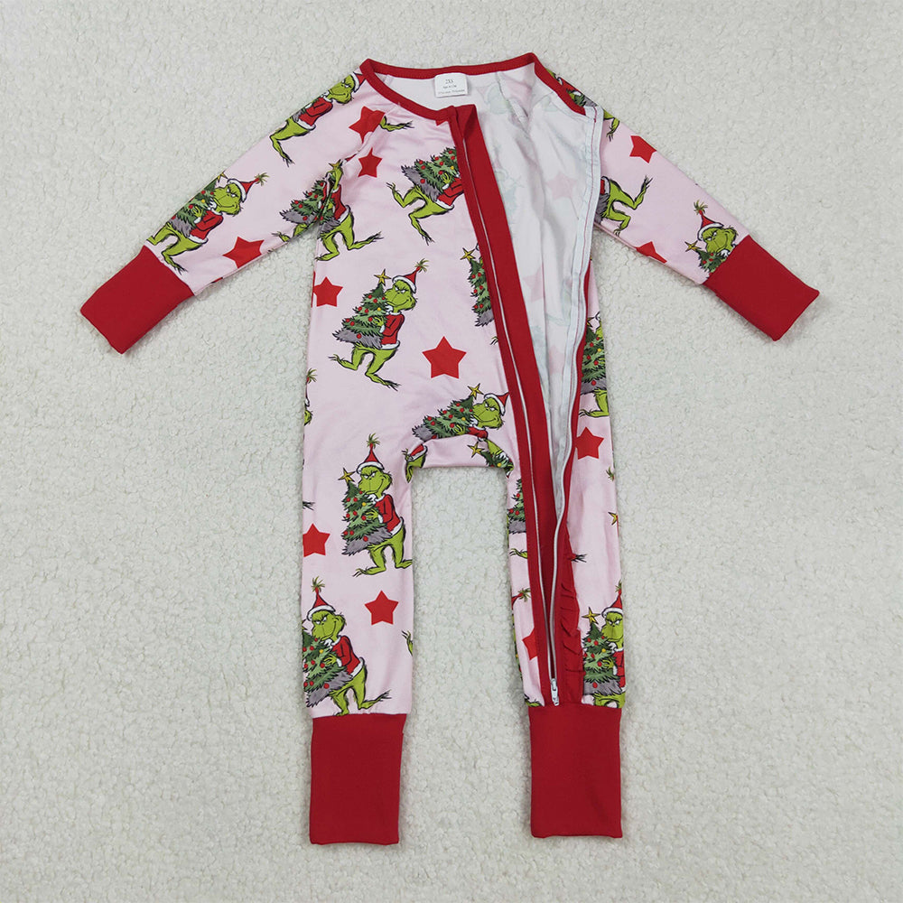 RTS NO MOQ (In stock)LR2496 Baby Girls Winter Rompers Green Faces Christmas Trees Ruffle Zipper Rompers for Holiday Outfit