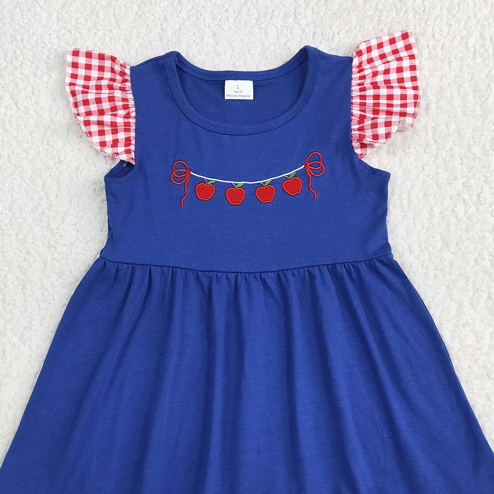GSD2153RTS NO MOQ Baby Girls Summer Dress Embroidery Baby Girls Red Plaid Flutter Sleeves Apples Dress