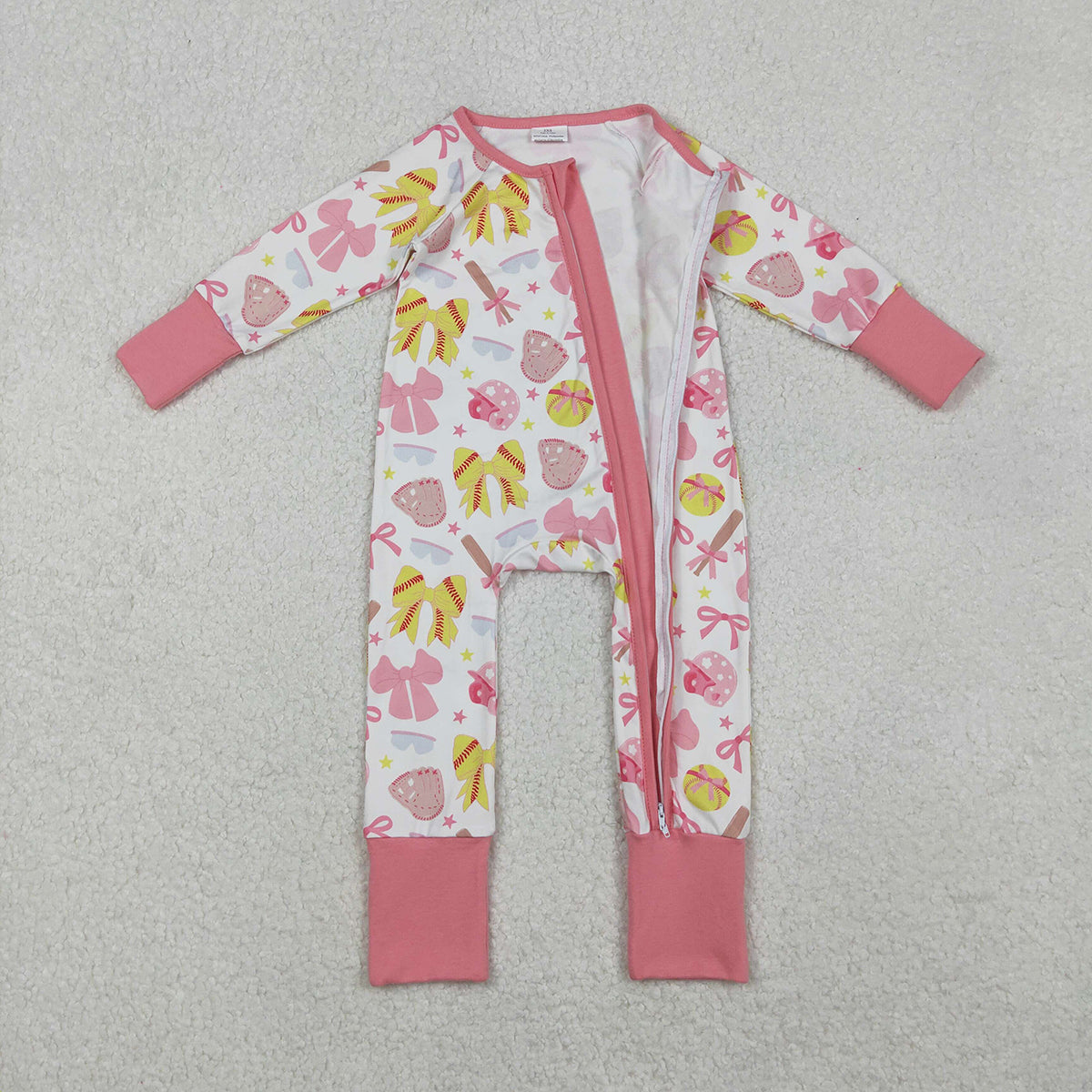 10.23 RTS NO MOQ (In stock)LR2705 Baby Girls Winter Rompers Baby Girls Pink Yellow Baseballs Bows Team Zipper Footie Rompers