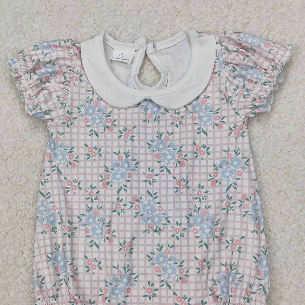 4.08 SR2878 RTS NO MOQ Baby Girls Summer Romper Short sleeves pink plaid floral baby girls romper