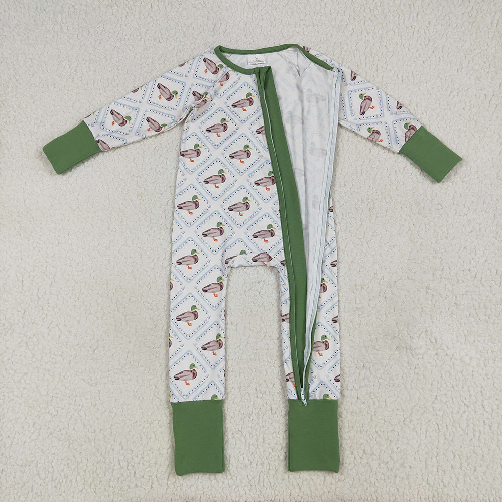 USA Shop (in stock)LR2269 Baby Girls Winter Rompers Baby Girls Long Sleeves Green Ducks Plaid Zipper Rompers