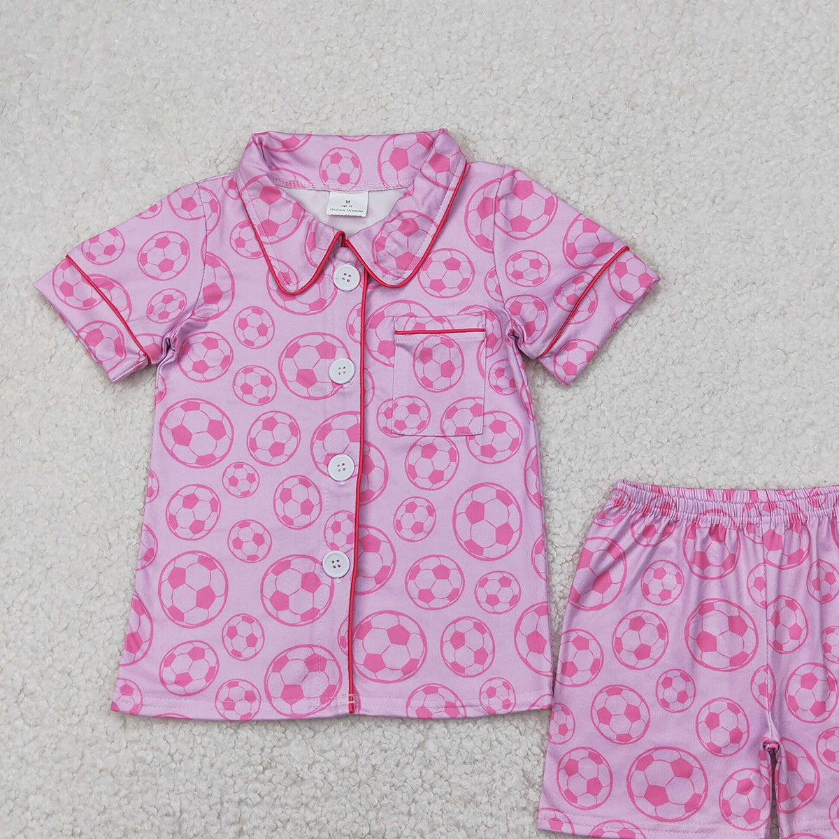 4.12 GSSO1957 RTS NO MOQ Baby Girls Summer Pajamas Outfits Short sleeves pink soccer baby girls button down pajamas