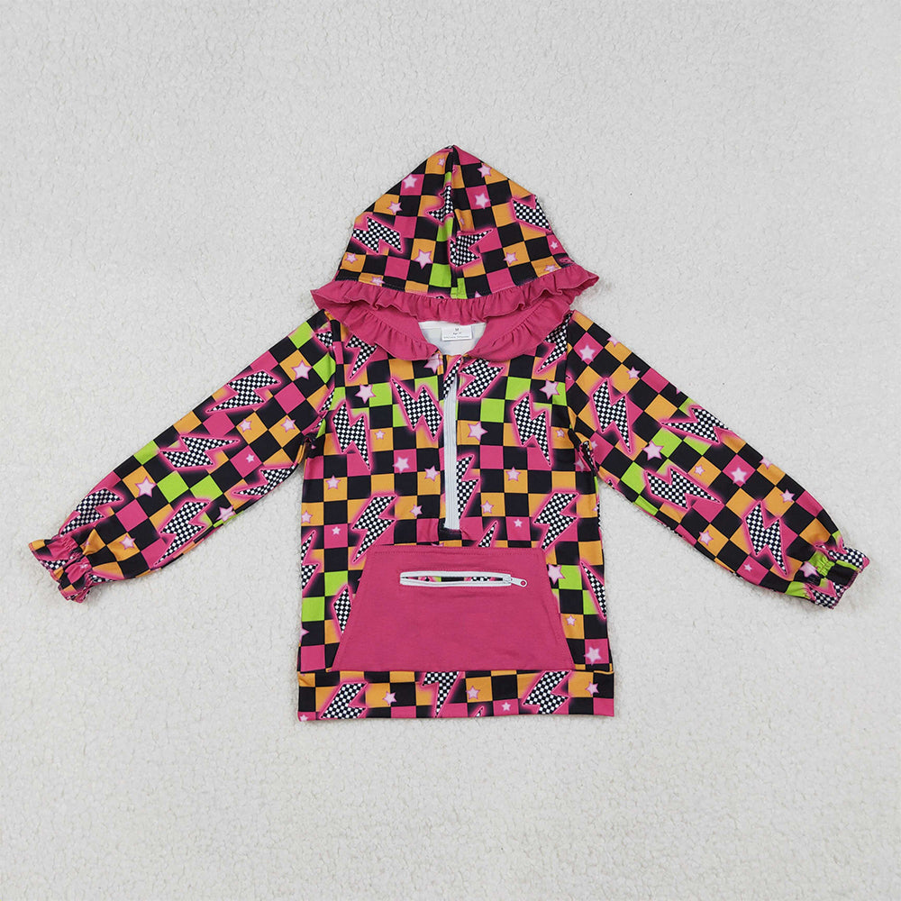 RTS NO MOQ (In stock)GT1117 Baby Girls Long Sleeve Tops Plaid Thunder Ruffle Zipper Hoodie Long Sleeves for Girls