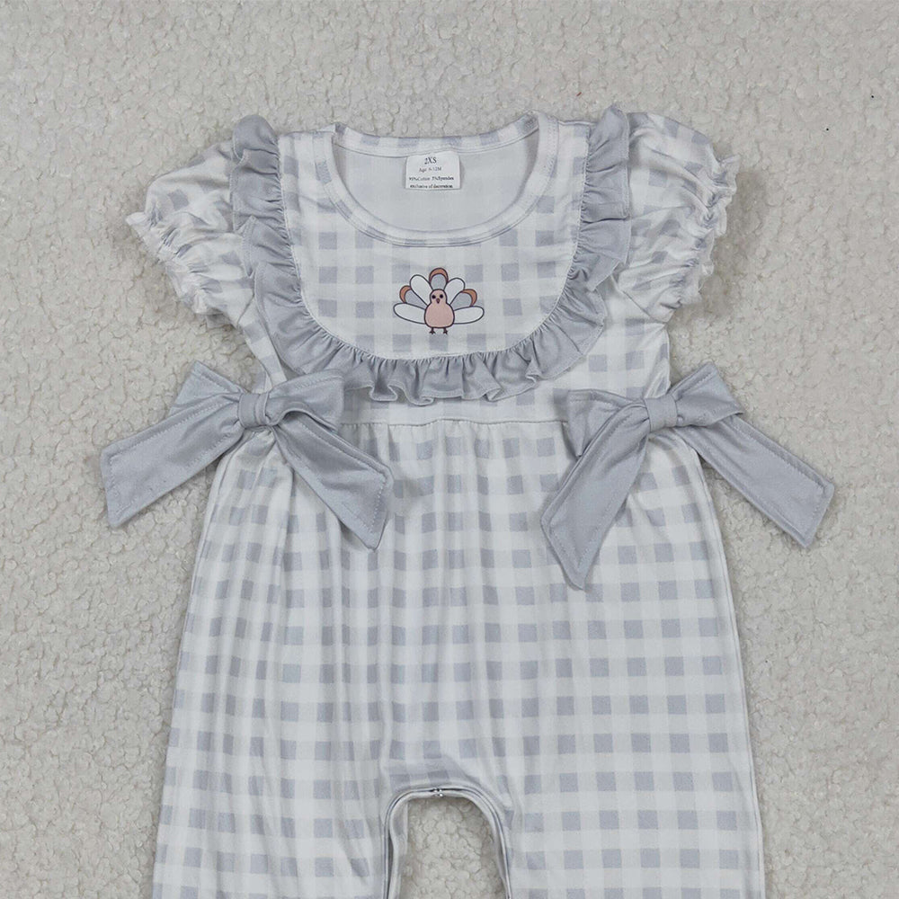 RTS NO MOQ (In stock)SR1970 Baby Girls Autumn Rompers Plaid Turkey Romper Short Sleeves Thanksgiving Theme Outfit