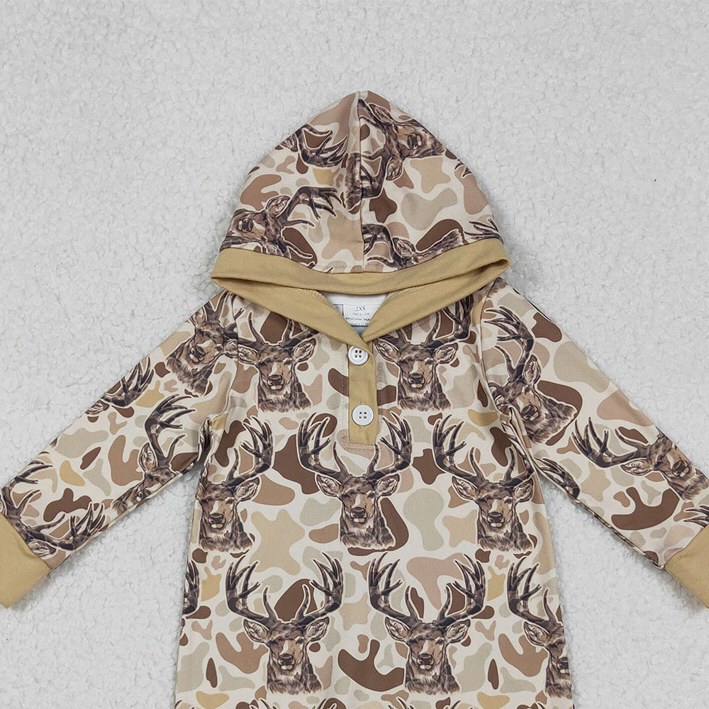 10.10 RTS NO MOQ (In stock)LR2593 Baby Boys Winter Rompers Baby Boys Khaki Camo Deer Button Hoodie Hunting Rompers