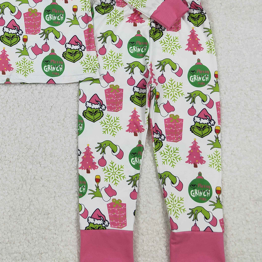 RTS NO MOQ (In stock)GLP2733 Baby Girls Winter Outfits Green Face Gifts Top Pants Christmas Pajamas Sets