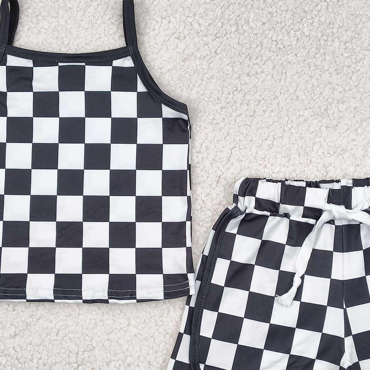 5.17 GSSO2334 RTS NO MOQ Baby Girls Summer Outfits Baby Girls Black Checked Shorts Set