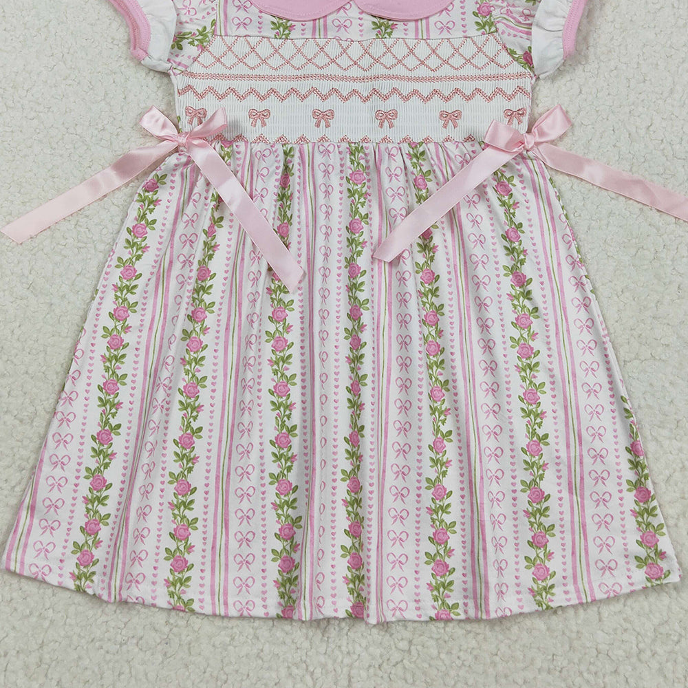 RTS NO MOQ (In stock)GSD2717 Baby Girls Summer Dress Smocked Embroidery Bows Baby Girls Flowers Stripe Knee Length Dresses