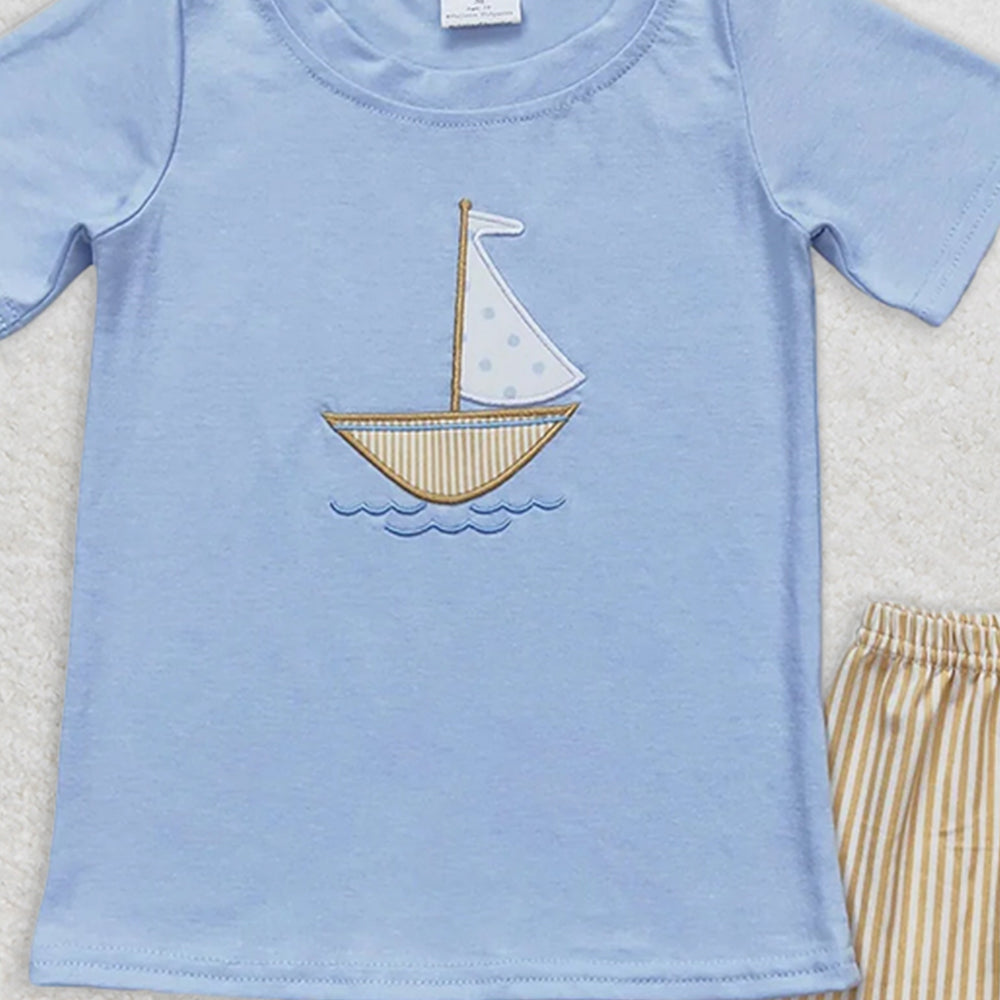 BSSO0602 RTS NO MOQ Baby Boys Summer Boys Outfits Baby Boys Sailboat Blue Short Sleeve Shirt Shorts Clothes Sets