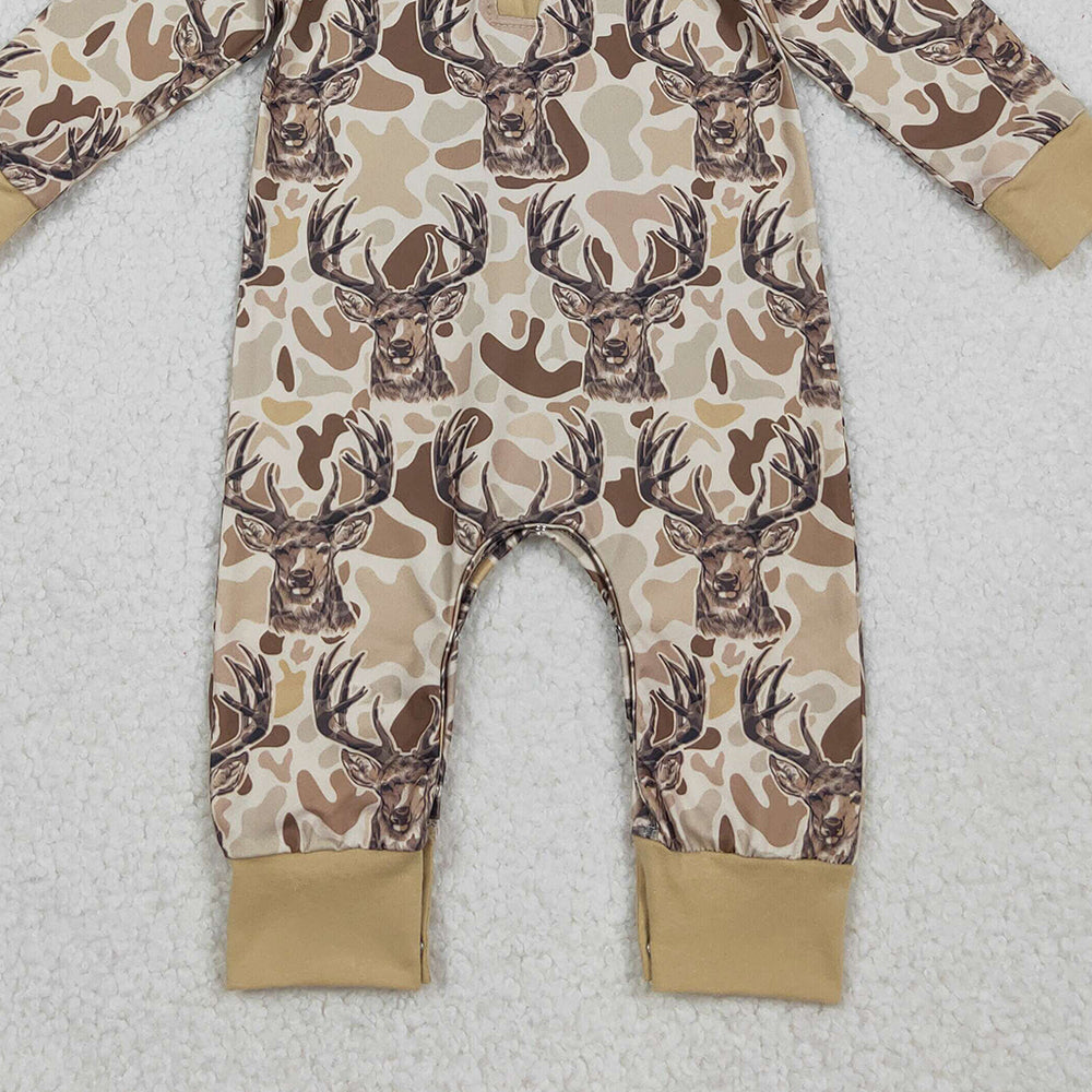 10.10 RTS NO MOQ (In stock)LR2593 Baby Boys Winter Rompers Baby Boys Khaki Camo Deer Button Hoodie Hunting Rompers