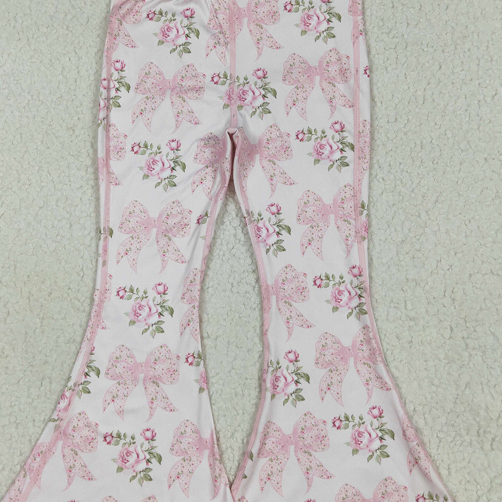 8.14 P0768 RTS NO MOQ Baby Girls Yoga Pants Baby Girls Pink Floral Bows Bell Bottom Yoga Pants