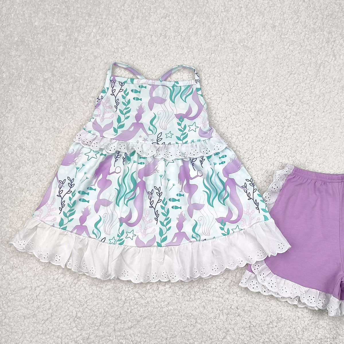 5.20 GSSO1675 RTS NO MOQ Baby Girls Summer Outfits Straps seaweed mermaid tunic ruffle shorts girls summer clothes