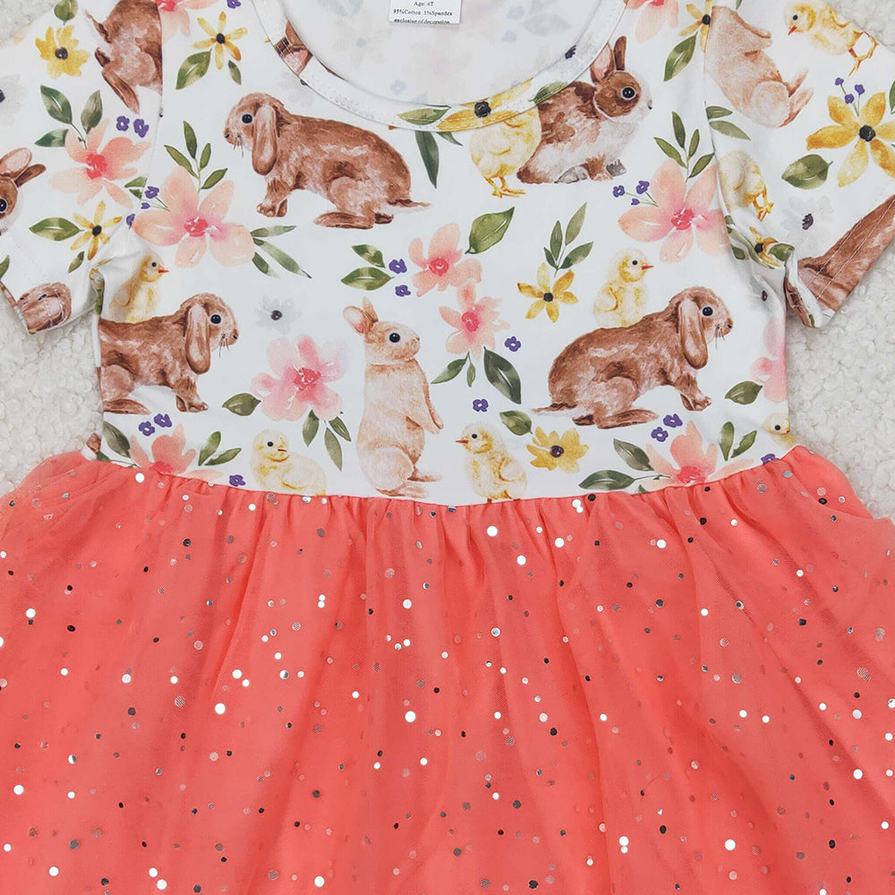 6.16 GSD2445 RTS NO MOQ Baby Girls Summer Dress Flower bunny sequin orange-red tulle short-sleeved dress