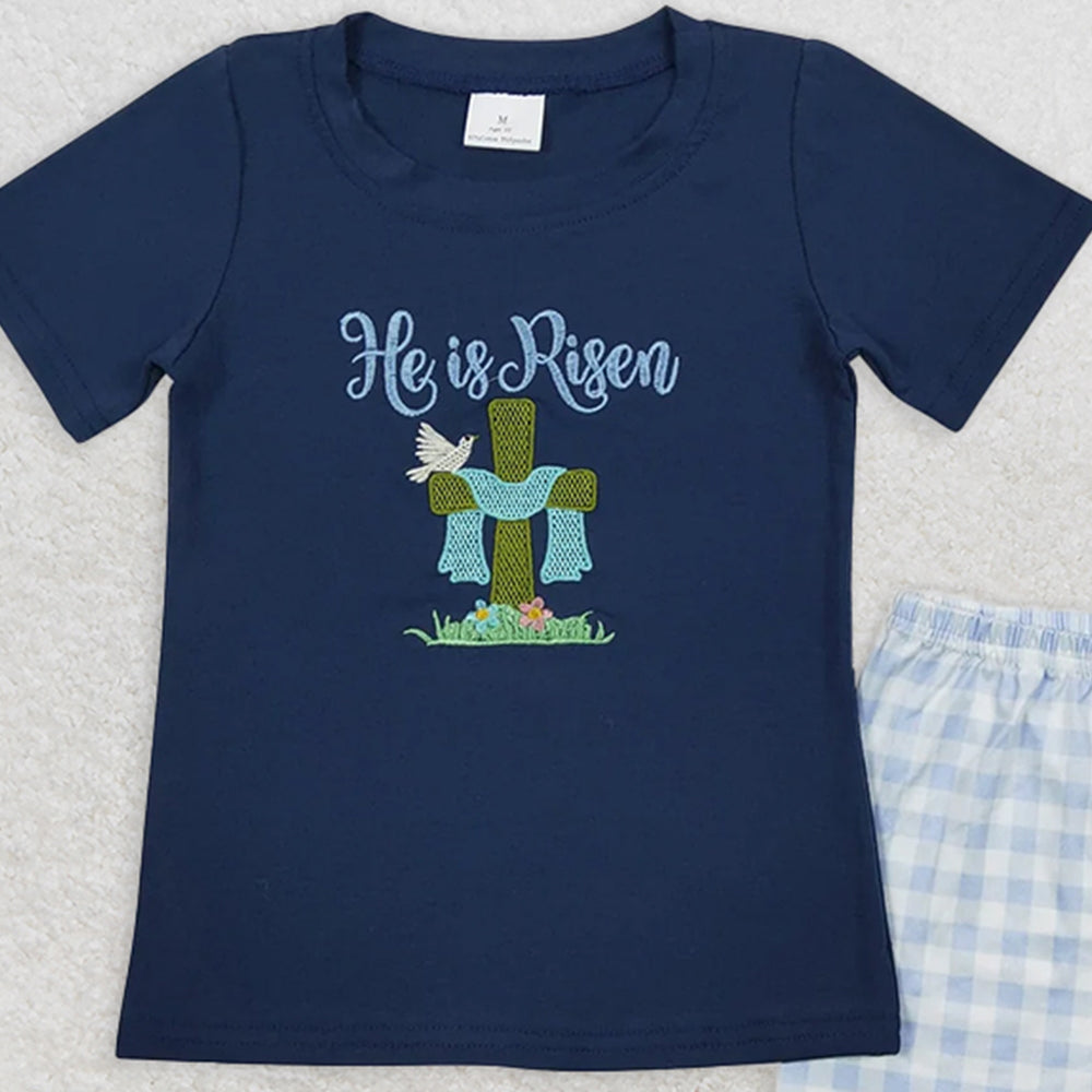 BSSO0319 RTS NO MOQ Baby Boys Summer Boys Outfits Baby Boys embroidery Easter He Is Risen Shirt Tee Black Shorts Clothes Sets