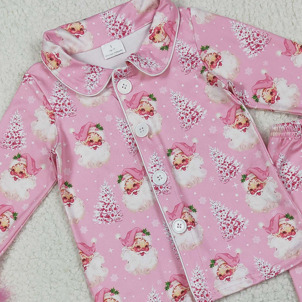 RTS NO MOQ (In stock)GLP2424 Baby Girls Winter Outfits Baby Girls Pink Fur Sleeve Santa Trees Button Top Pant Christmas Pajamas Set