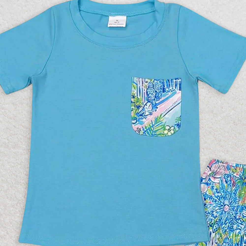 BSSO0840 RTS NO MOQ Baby Boys Summer Boys Outfits Baby Boys Blue Top Floral Shorts Set