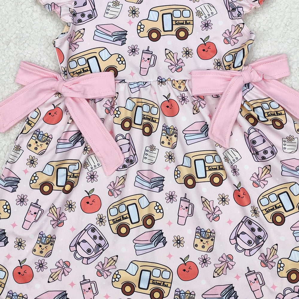 GSD1819Girls Back to School Dress with Flutter Sleeves Apple Pencil Book Print Cute Casual Fashion for Women