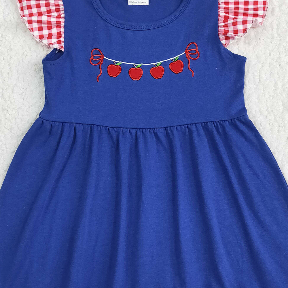 GSD2153RTS NO MOQ Baby Girls Summer Dress Embroidery Baby Girls Red Plaid Flutter Sleeves Apples Dress