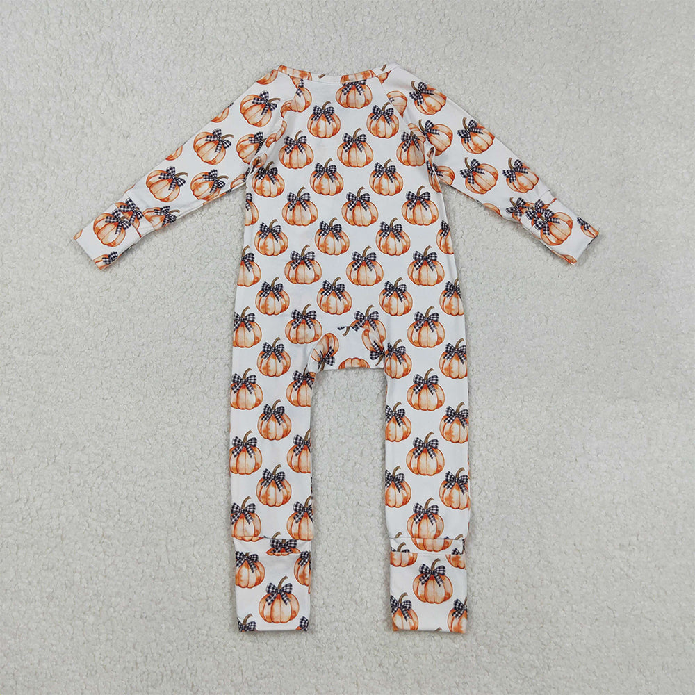 RTS NO MOQ (In stock)LR2557 Baby Boys Winter Rompers Black Plaid Bow Pumpkin Zipper Romper for Baby Girls Fall Season Outfit