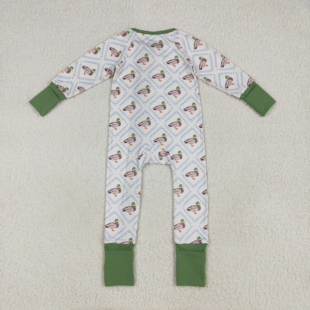 USA Shop (in stock)LR2269 Baby Girls Winter Rompers Baby Girls Long Sleeves Green Ducks Plaid Zipper Rompers