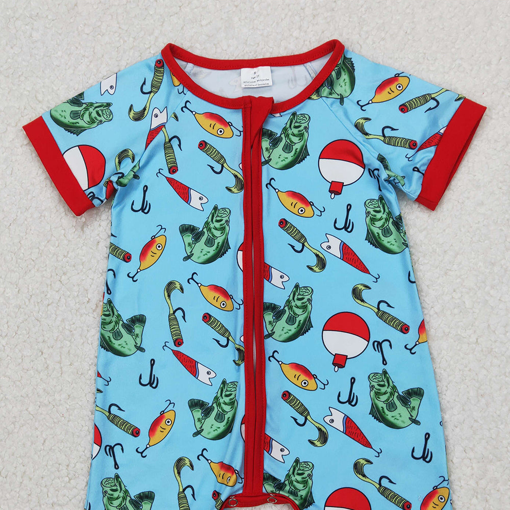 4.10 SR2707 RTS NO MOQ Baby Boys Summer Romper Baby Boys Blue Short Sleeves Fishes Hunting Zipper Rompers