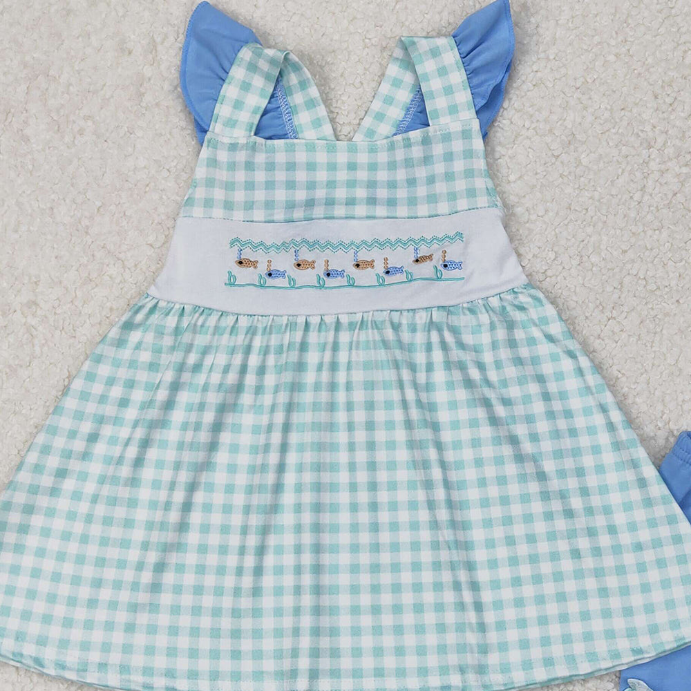 5.19 GSSO2148 RTS NO MOQ Flutter sleeves fishing plaid tunic shorts girls summer clothes