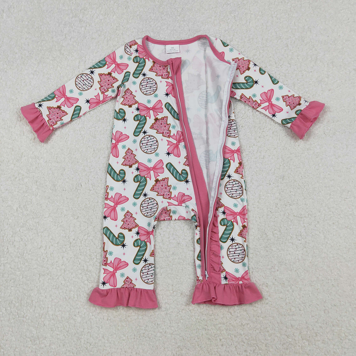 10.18 RTS NO MOQ (In stock)LR2486 Baby Girls Winter Rompers Baby Girls Candy Cane Trees Christmas Ruffle Zipper Footie Rompers