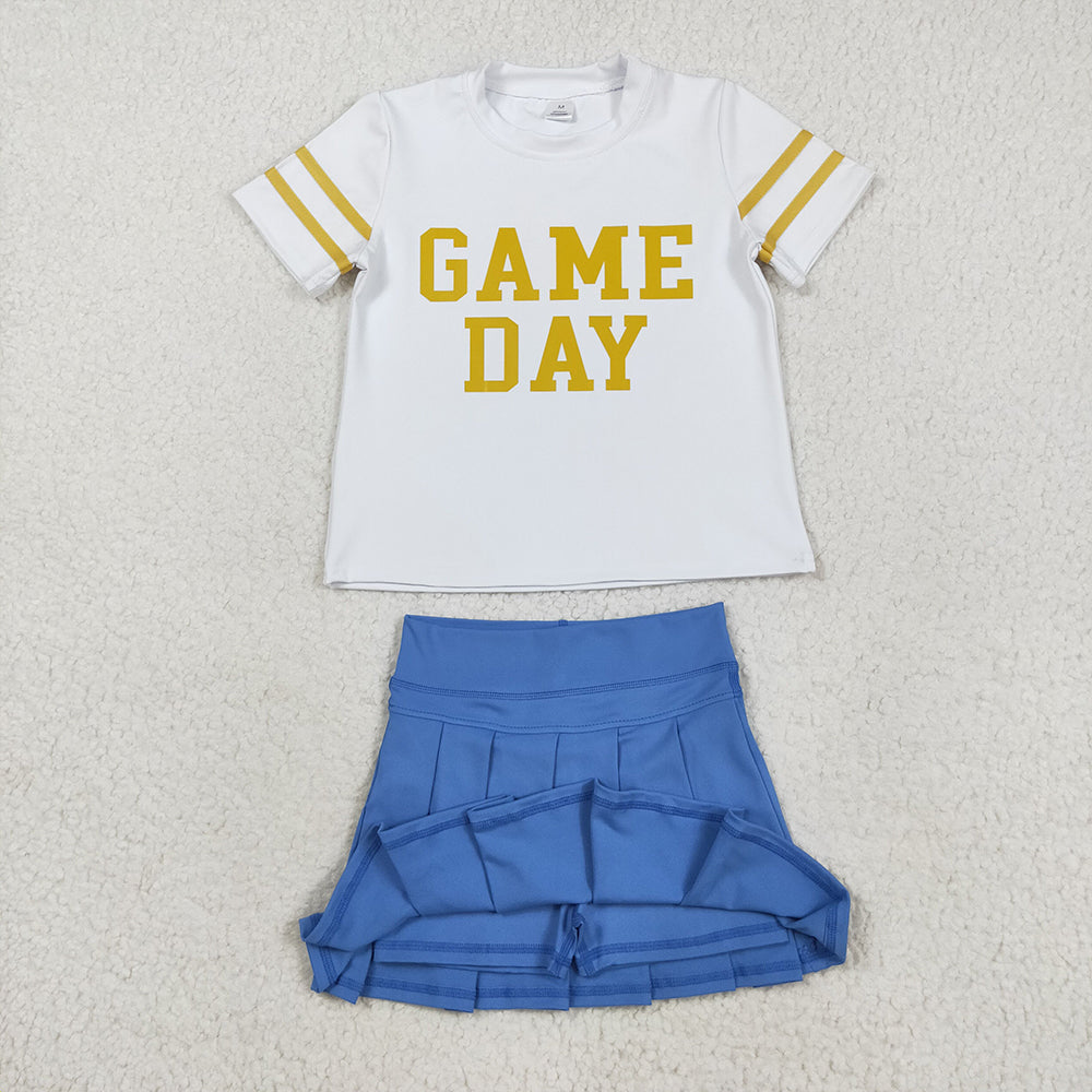 RTS NO MOQ (In stock)GT1101+GLK0084 Baby Girls Summer Outfits Baby Girls Vinyl Yellow Game Day Yoga Active Team Tee Shirts Top Baby Girls Hot Blue Yoga Active Wear Skirts Sets