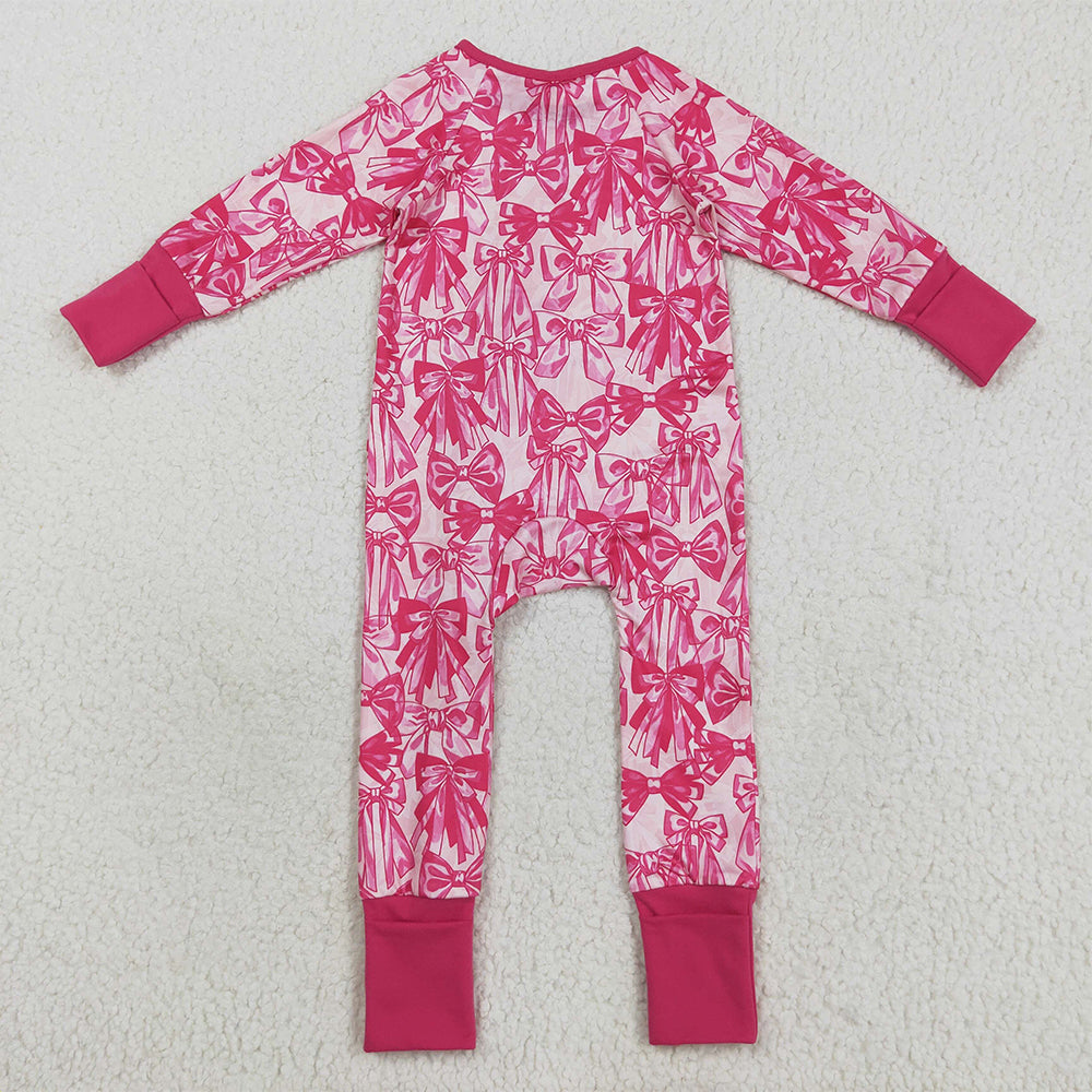 8.20 RTS NO MOQ (In stock)LR2365 Baby Girls Winter Rompers Baby Girls Long Sleeves Pink Bows Zipper Footie Rompers