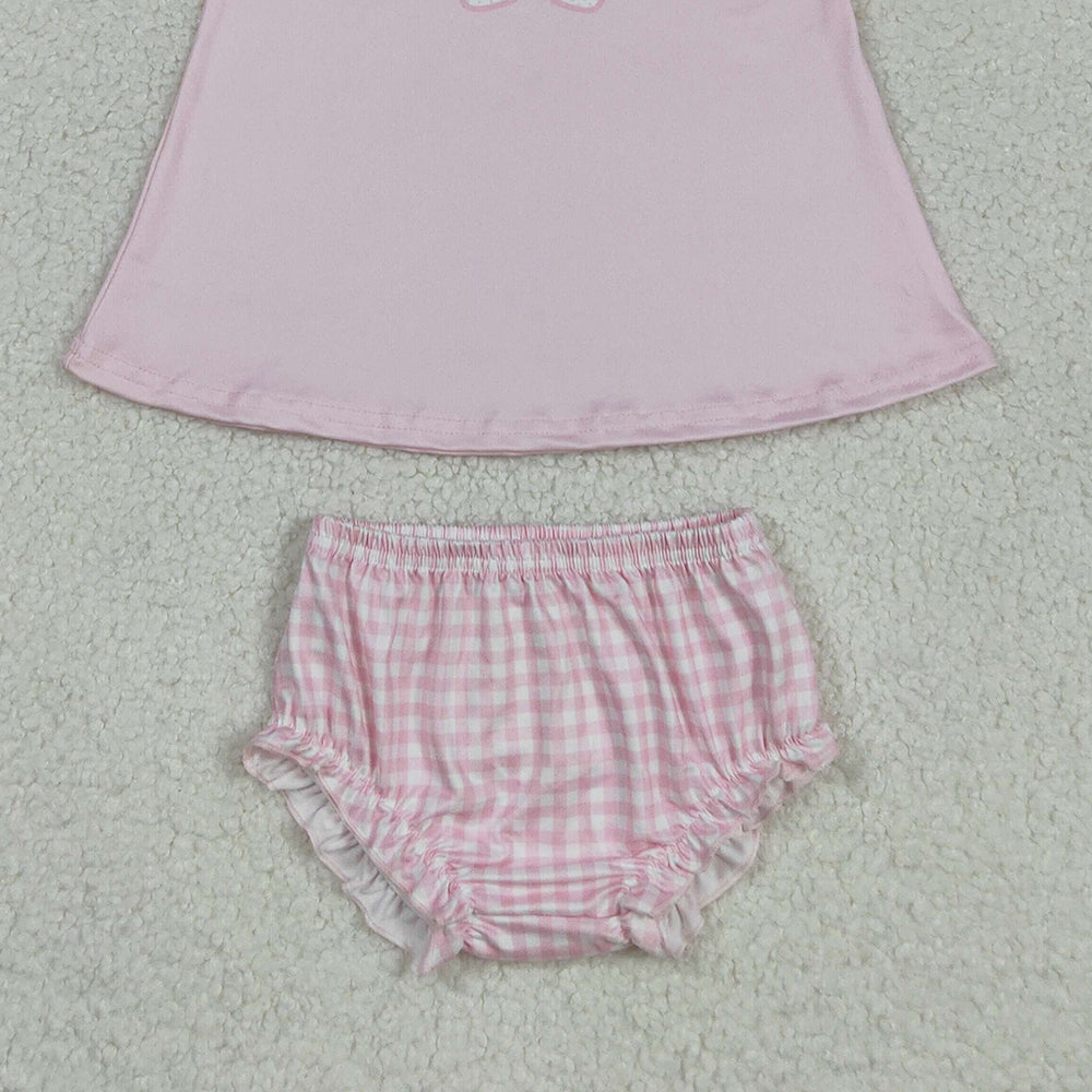 RTS NO MOQ (In stock)GBO0469 Baby Girls Summer Outfits Baby Girls Light Pink Sleeveless Bow Tunic Bummies Clothes Set