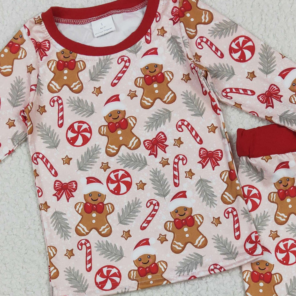 8.23 RTS NO MOQ (In stock)BLP1093 Baby Boys Winter Outfits Baby Boys Red Gingerbread Candy Cane Top Pant Christmas Pajamas Set