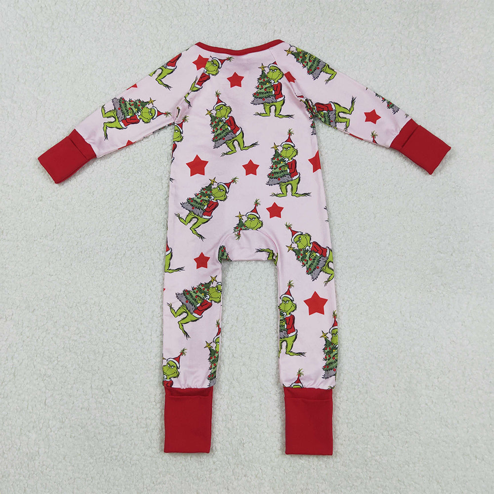 RTS NO MOQ (In stock)LR2496 Baby Girls Winter Rompers Green Faces Christmas Trees Ruffle Zipper Rompers for Holiday Outfit