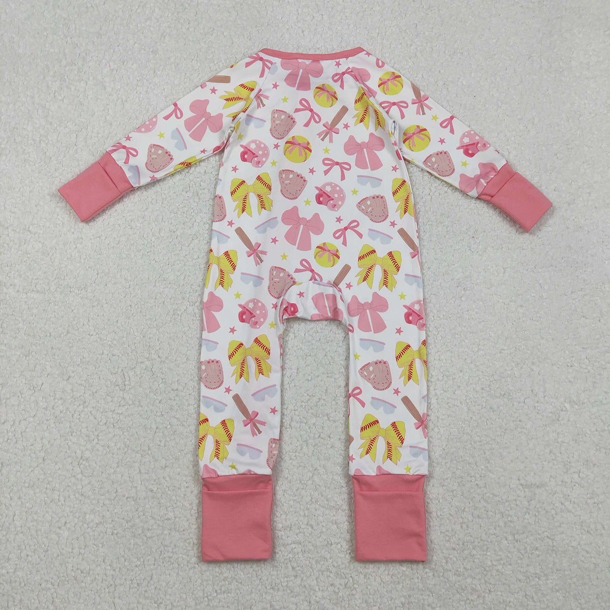 10.23 RTS NO MOQ (In stock)LR2705 Baby Girls Winter Rompers Baby Girls Pink Yellow Baseballs Bows Team Zipper Footie Rompers