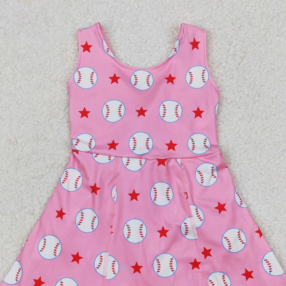 4.14 GSD2135 RTS NO MOQ Sleeveless pink baseball stars kids girls athletic dresses