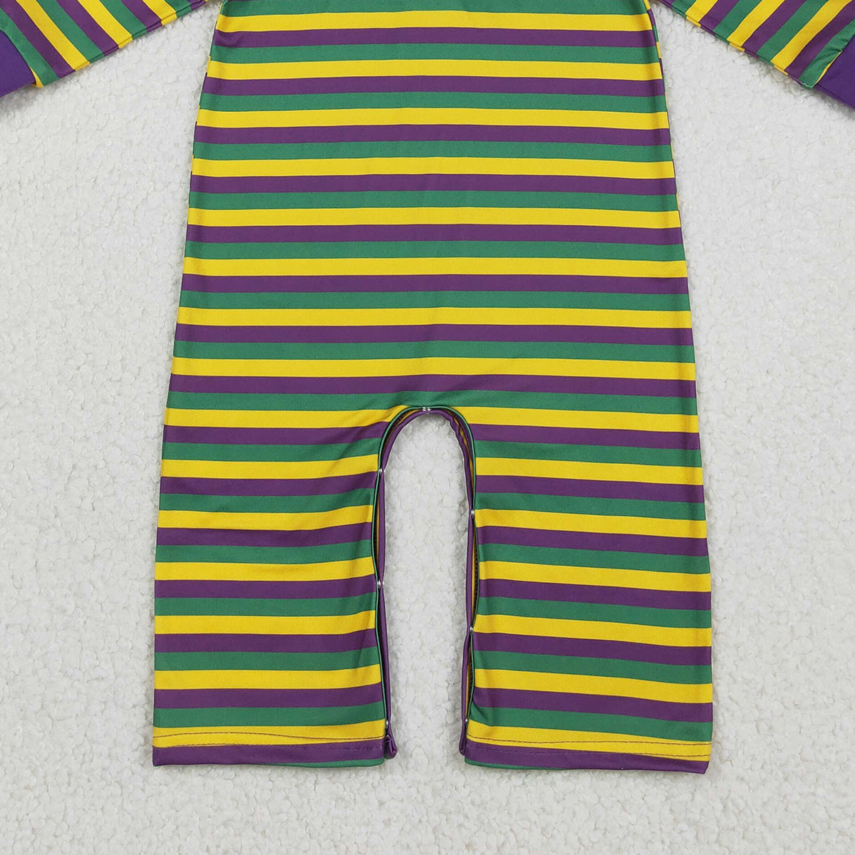 12.12 RTS NO MOQ (In stock)LR2679 Baby Girls Winter Rompers Baby Girls Purple Yellow Green Stripe Button Mardigras Button Footie Romper