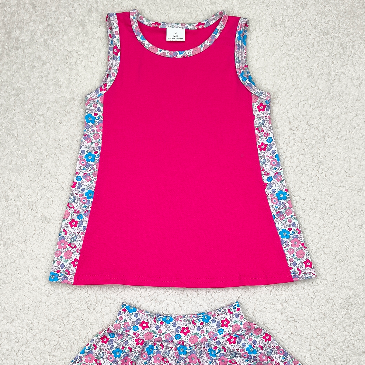 4.11 GSD1926 RTS NO MOQ Baby Girls Summer Outfits Sleeveless hot pink top floral skirt kids girls clothes