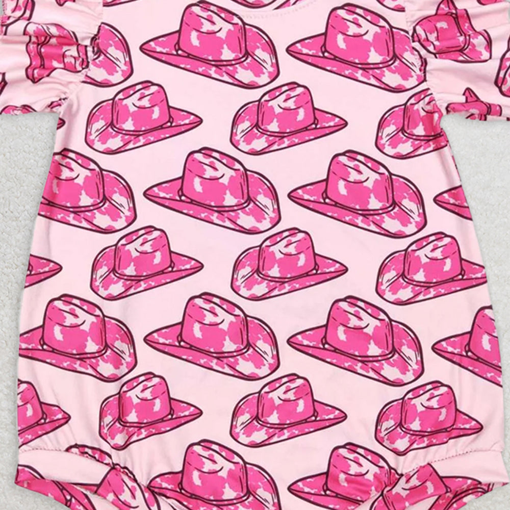 SR0623RTS NO MOQ Baby Girls Summer Rompers Short sleeves hot pink hat baby girls western romper