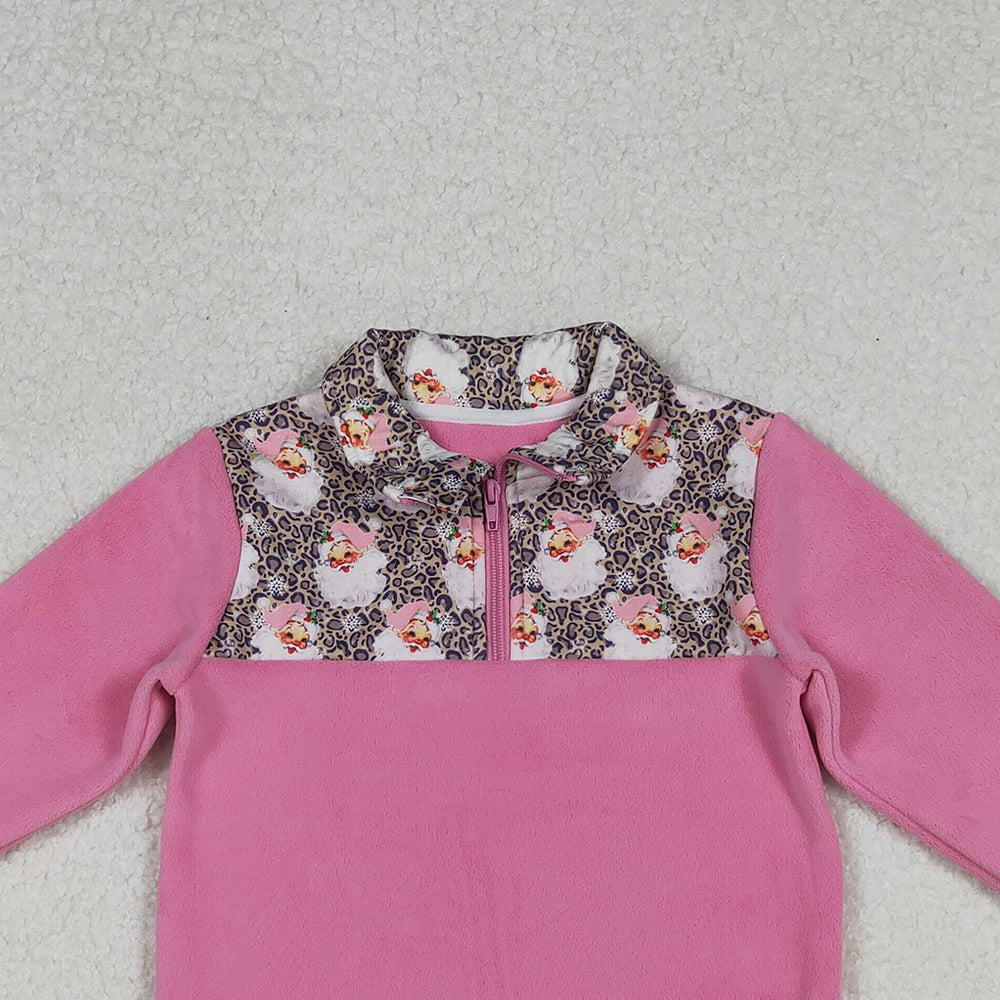 RTS NO MOQ (In stock)GT1151 Baby Girls Long Sleeve Tops Santa Leopard Christmas Half Zipper Pullover Sherpa Tops