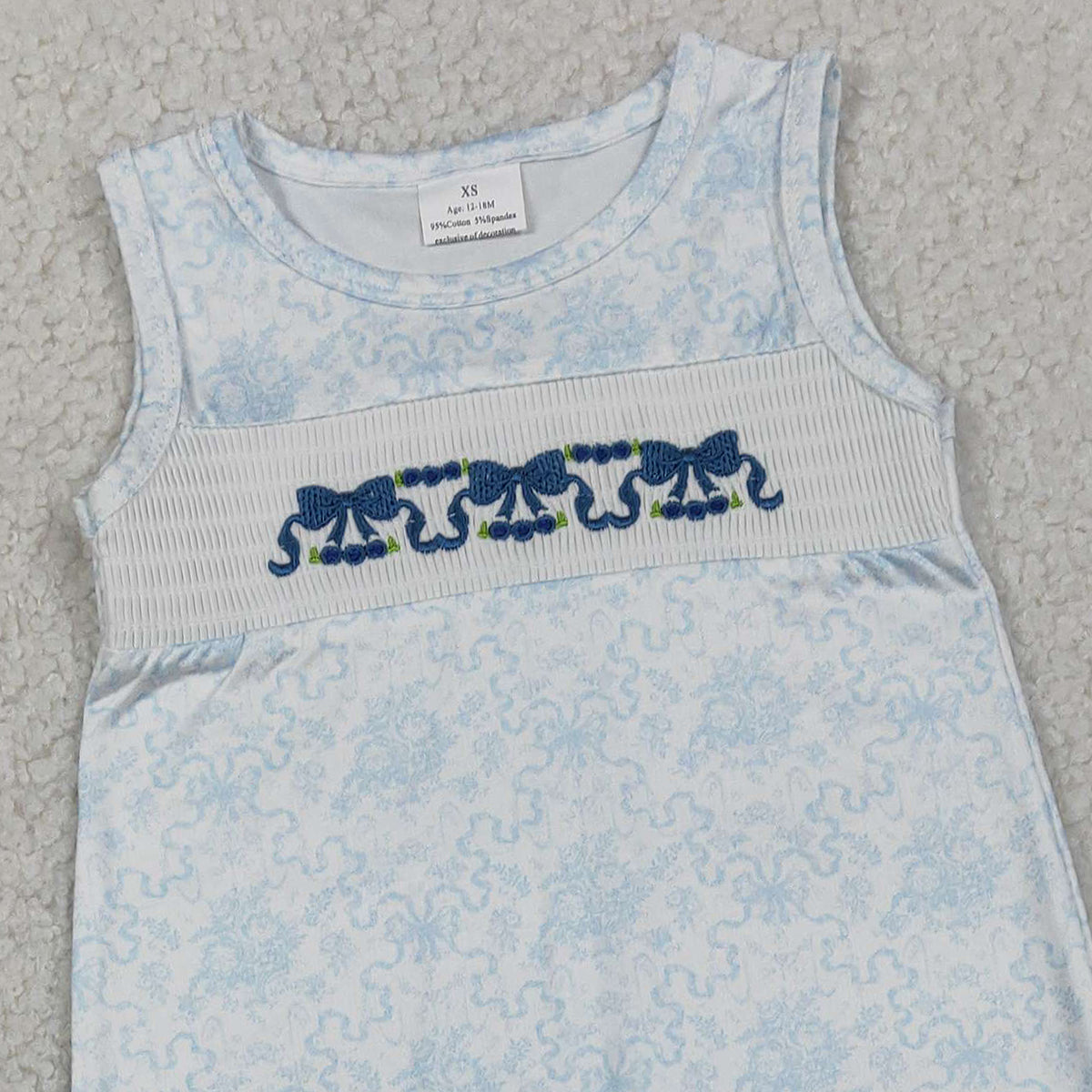 2.4 RTS NO MOQ (In stock)SR3843 Embroidery Bows Baby Girls Sleeveless Blue Flowers Ruffle Rompers