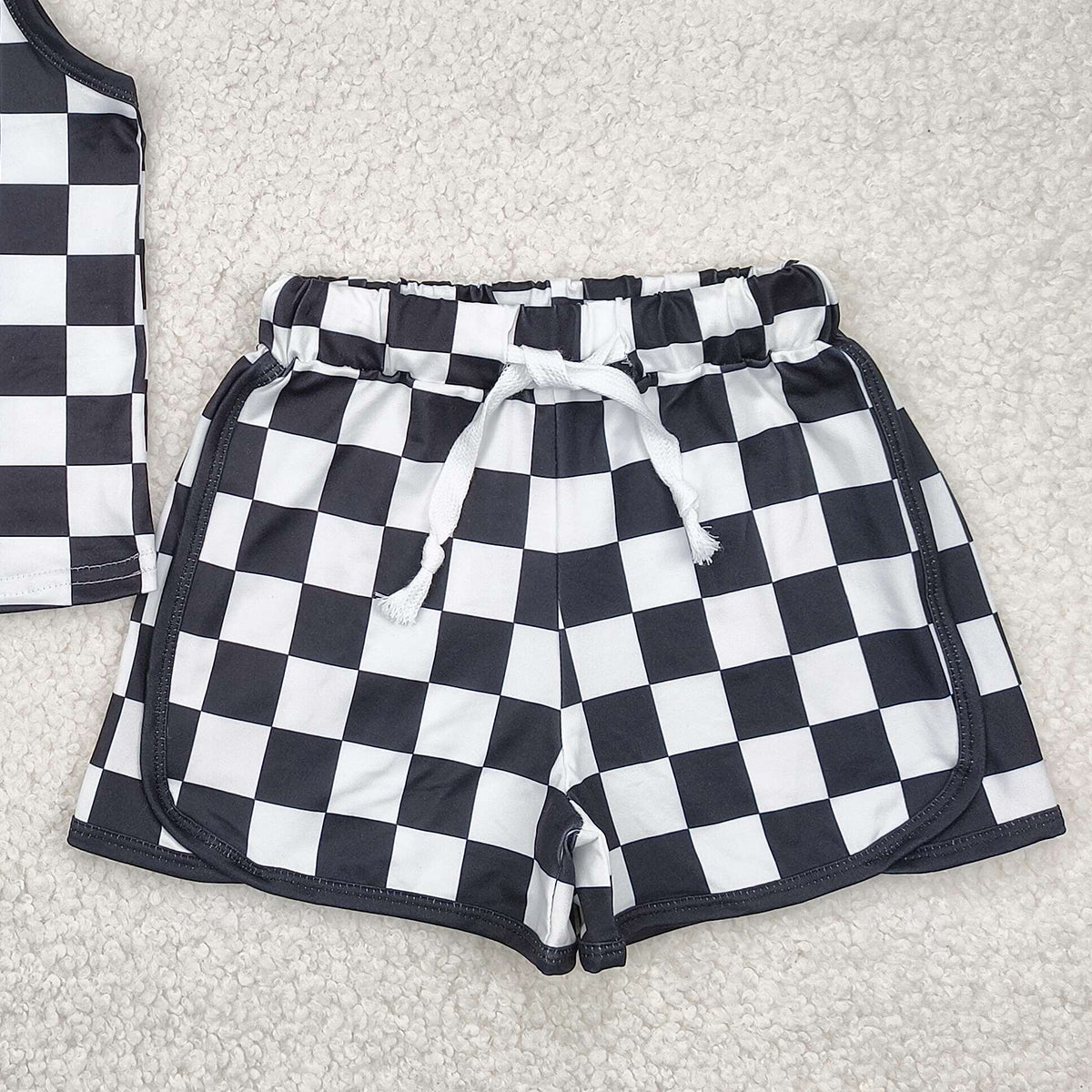 5.17 GSSO2334 RTS NO MOQ Baby Girls Summer Outfits Baby Girls Black Checked Shorts Set