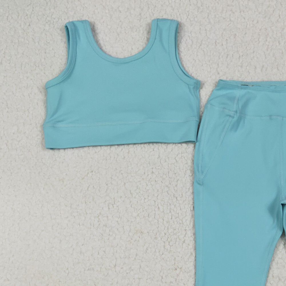 RTS NO MOQ (In stock)GSPO2004 Baby Girls Yoga Outfits Baby Girls Aqua Yoga Vest Bell Bottom Pants Active Wear Clothes Sets