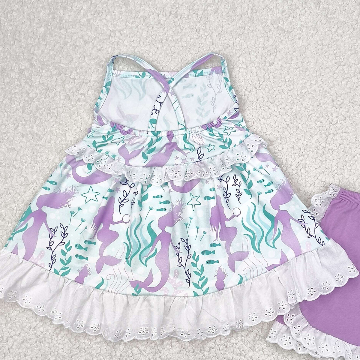 5.20 GSSO1675 RTS NO MOQ Baby Girls Summer Outfits Straps seaweed mermaid tunic ruffle shorts girls summer clothes