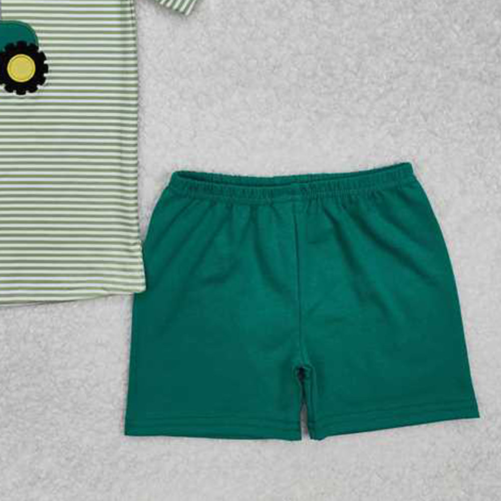 6.09 BSSO1184 RTS NO MOQ Baby Boys Summer Boys Outfits Baby Boys Short Sleeves Embroidery Truck Print Stripe Top Green Shorts Farm Set