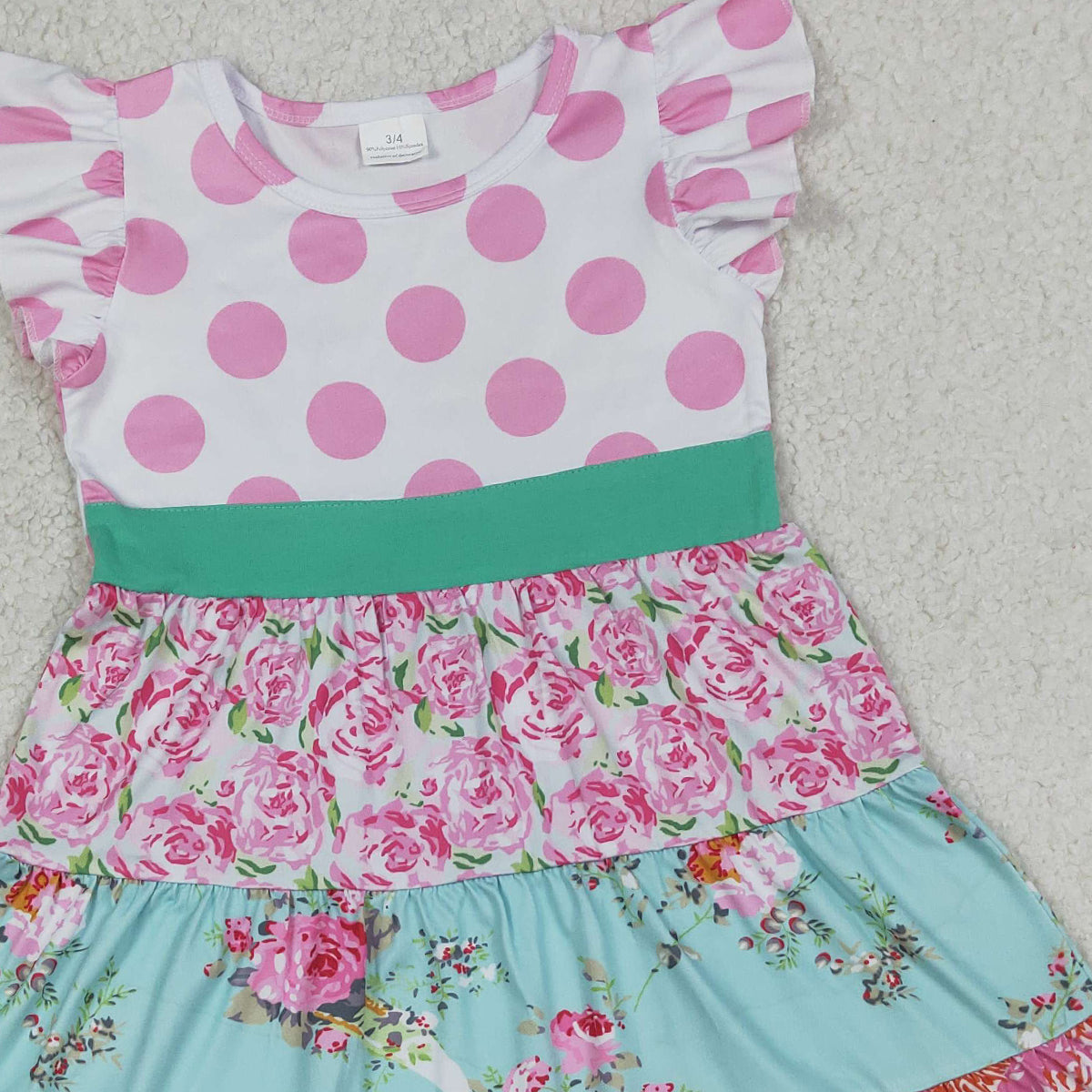 4.11 GSD4089 RTS NO MOQ (In stock )Baby Girls Flutter Sleeve Flowers Patchwork Knee Length Dresses